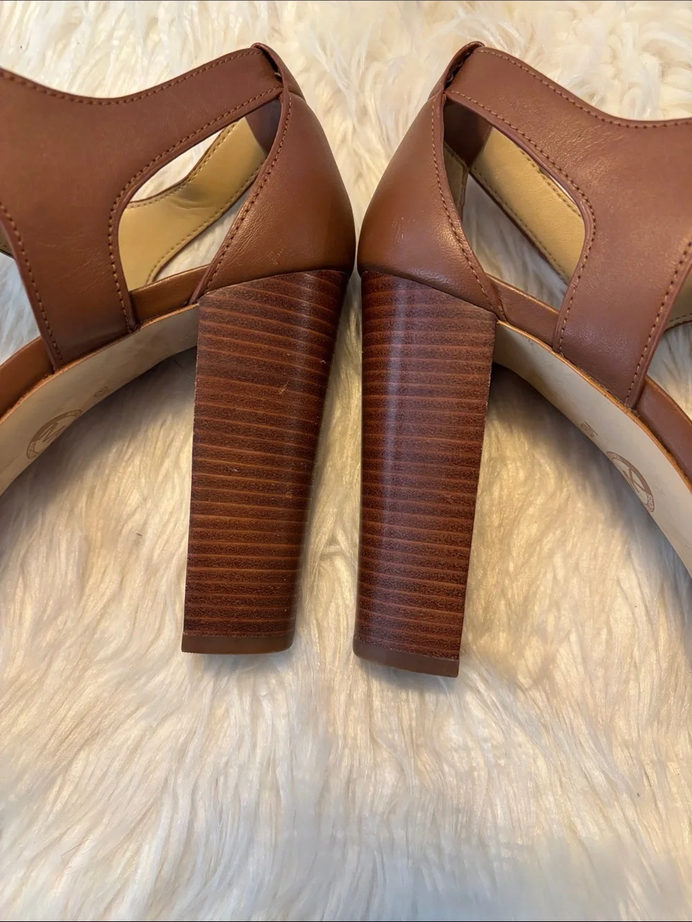 Michael Kors Cognac Leather Zip Front Block Heel Sandals 8M